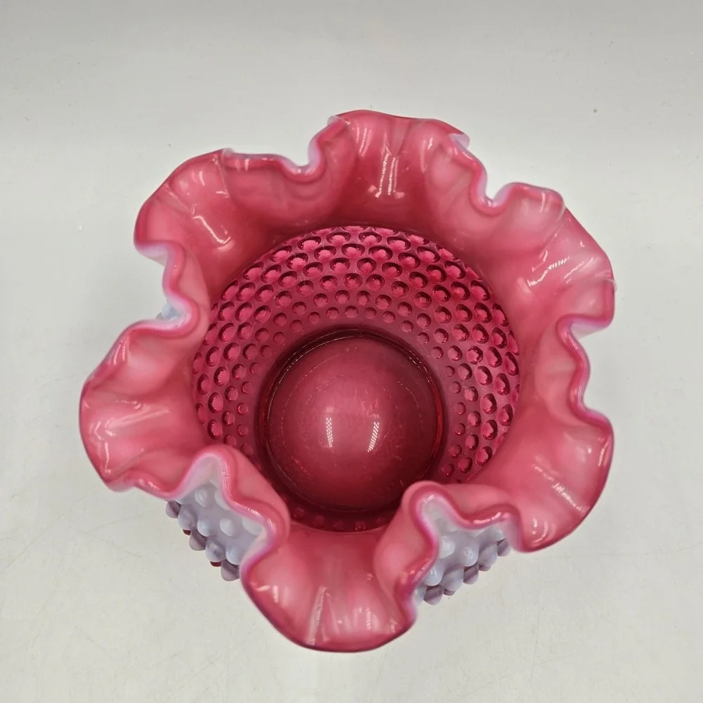 Fenton Cranberry Opalescent Hobnail Glass Vase Rose Bowl Ruffle Crimped Vintage